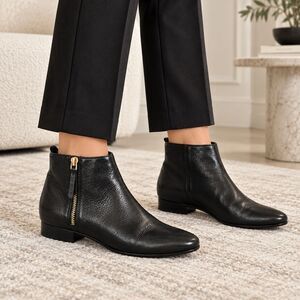 Cole Haan Womens 7.5B Black Leather Ankle Boots Gold Zip Low Heel Quiet Luxury